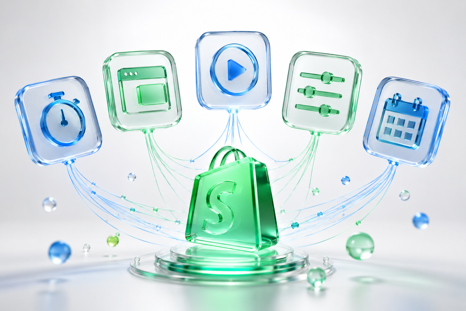 The Conversion Shopify app suite — five glass app tiles above a Shopify bag